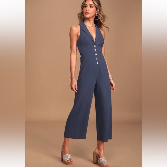 NWT Lulus On a Good Day Navy Blue Button Front Culotte Jumpsuit Sz Small - Picture 1 of 16
